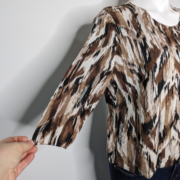 J Jill brown tan abstract linen blend button up cardigan L - Picture 3 of 9